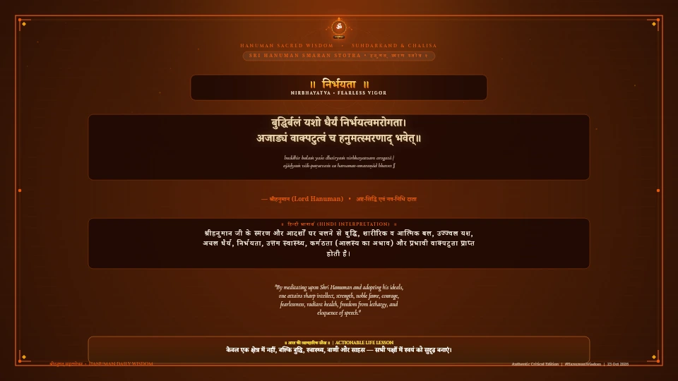 बुद्धिर्बलं यशो धैर्यं निर्भयत्वमरोगता Sri Hanuman Smaran Stotra Hanuman Stotra Chapter 1 Verse 1 Sanskrit Shloka with Hindi and English Meaning 4K Wallpaper