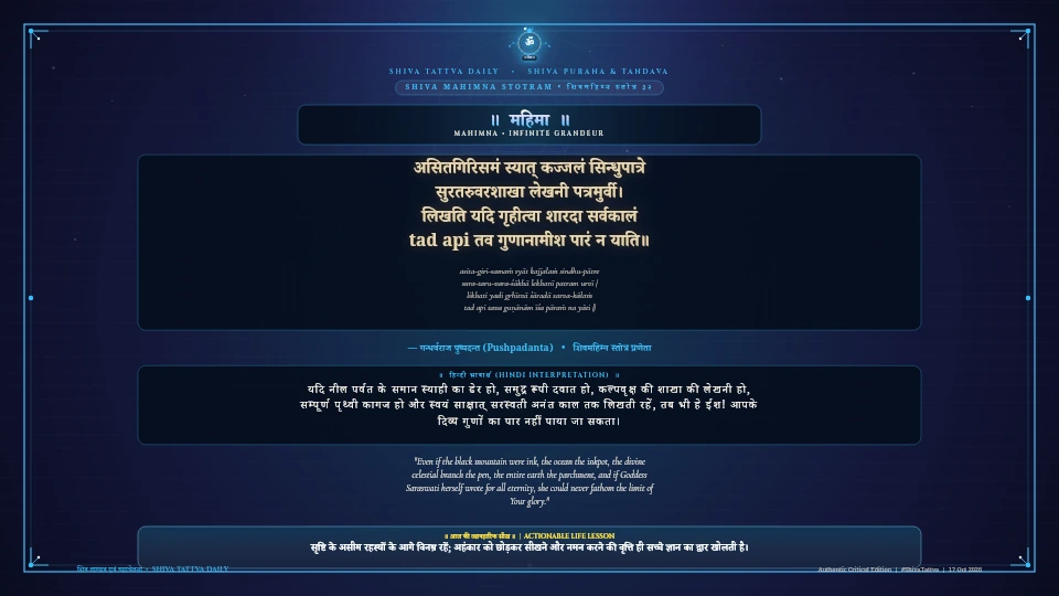 असितगिरिसमं स्यात् कज्जलं सिन्धुपात्रे Shiva Mahimna Stotram Shiva Mahimna Chapter 1 Verse 32 Sanskrit Shloka with Hindi and English Meaning 4K Wallpaper