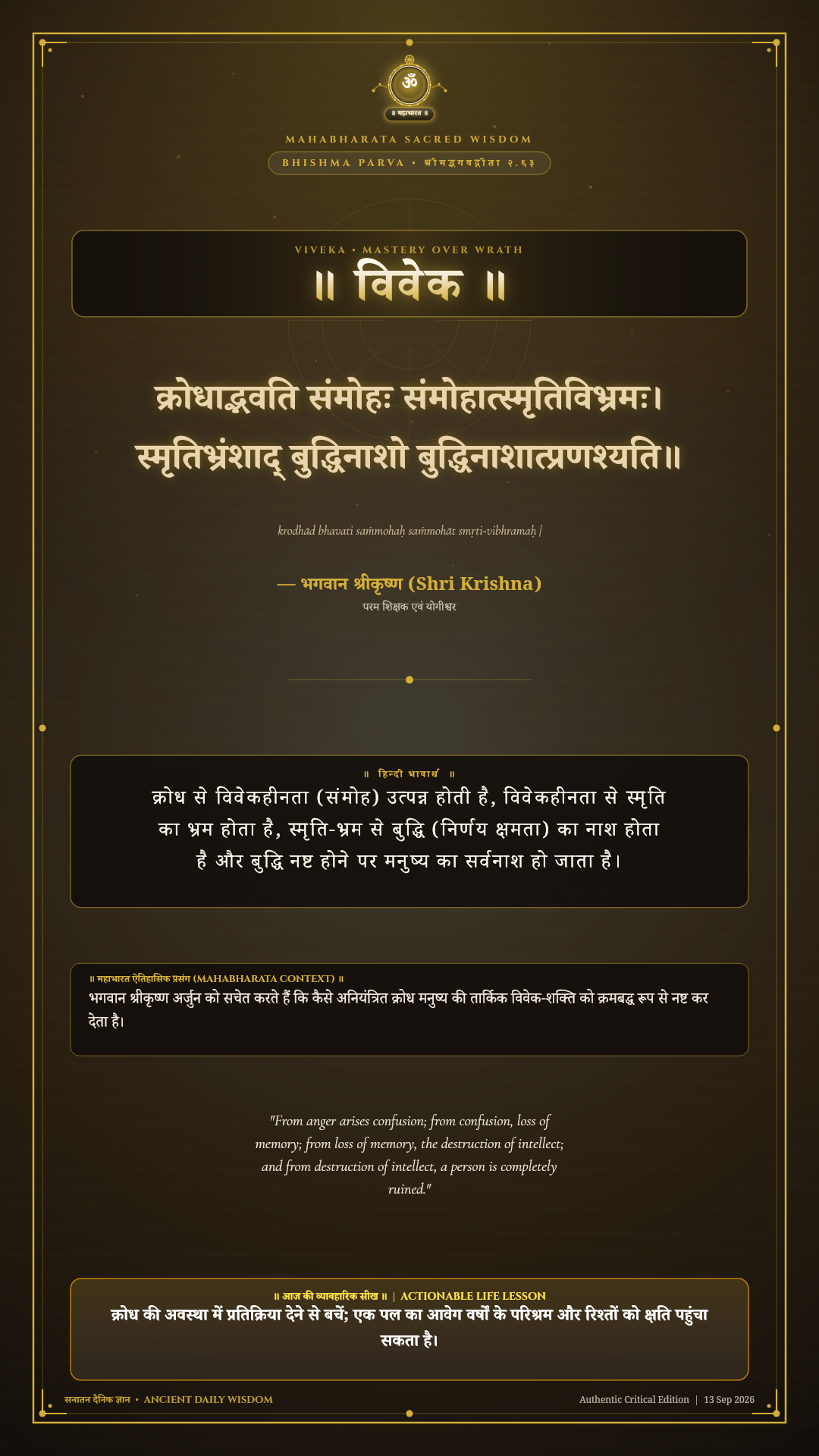 क्रोधाद्भवति संमोहः संमोहात्स्मृतिविभ्रमः Bhagavad Gita Chapter 2 Verse 63 Sanskrit Shloka with Hindi and English Meaning 4K Wallpaper