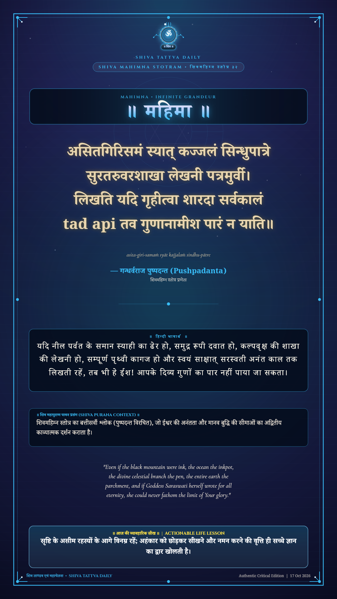 असितगिरिसमं स्यात् कज्जलं सिन्धुपात्रे Shiva Mahimna Stotram Shiva Mahimna Chapter 1 Verse 32 Sanskrit Shloka with Hindi and English Meaning 4K Wallpaper